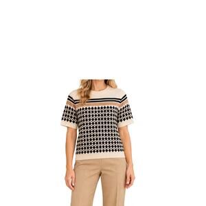 Adrianna Papell Sweater Womens Size L Black Cream Geometric Short Sleeve Knit